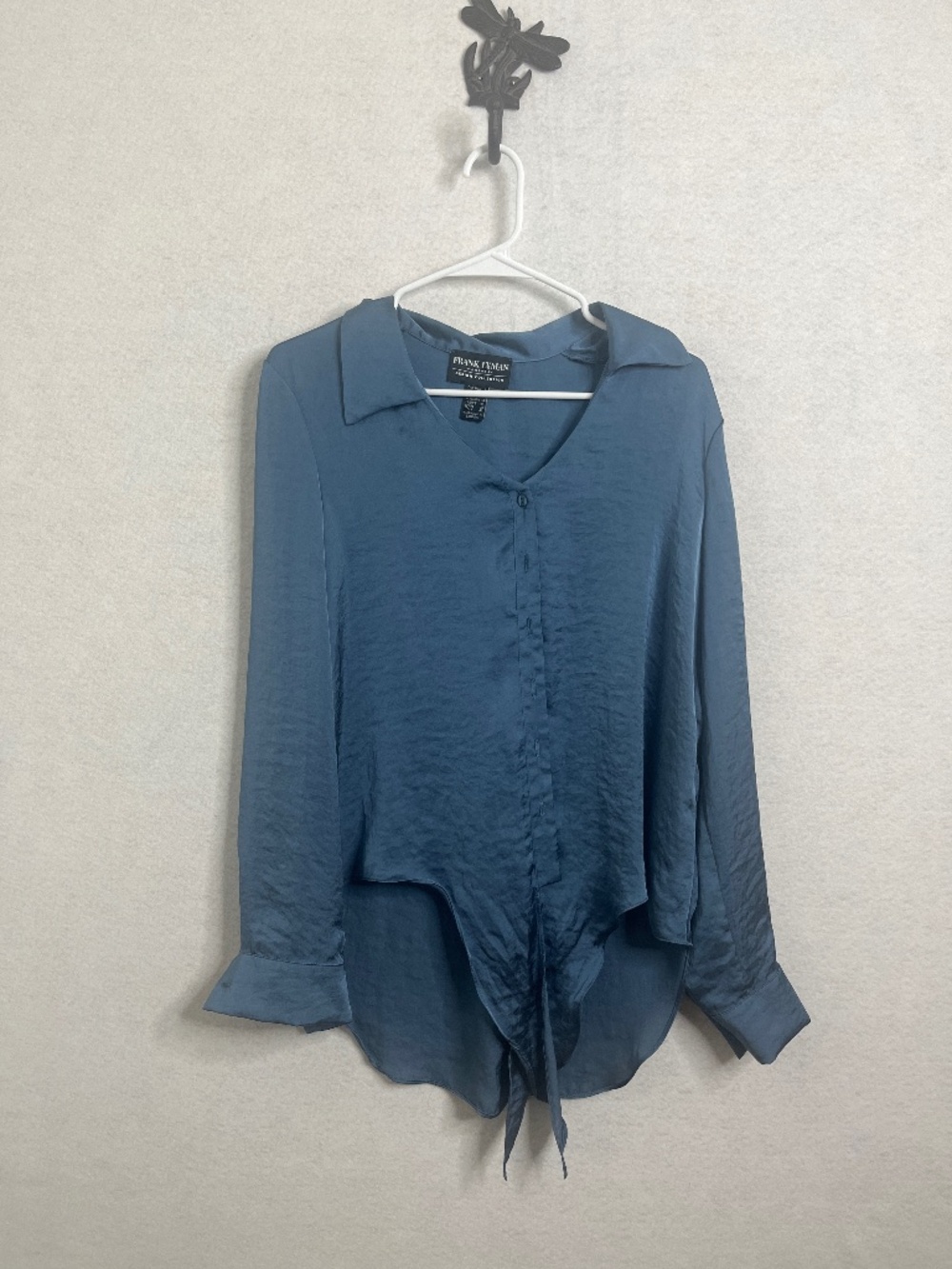 Frank Lyman Montreal Blue Satin Blouse Tie Front Long Sleeve Size 6